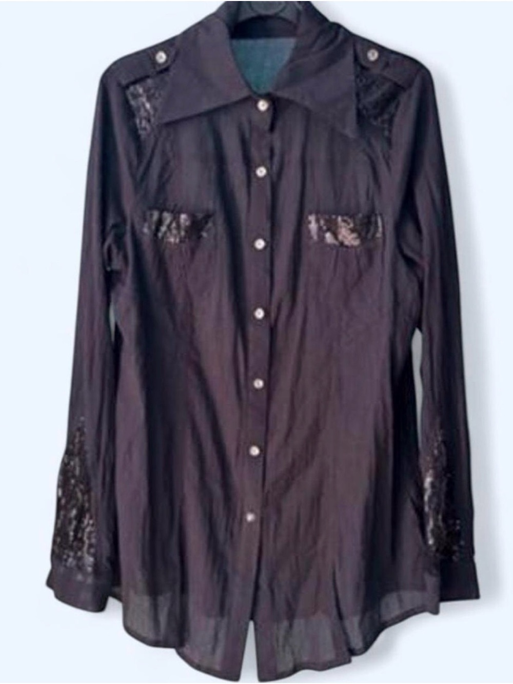 Vintage Alexon Black Sheer Sequin Blouse Military Style Epaulet Shoulder Tabs